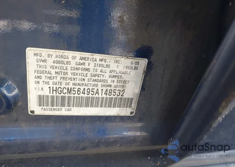 2005 Honda Accord 2.4 Lx from USA, damaged, VIN 1HGCM56495A148532